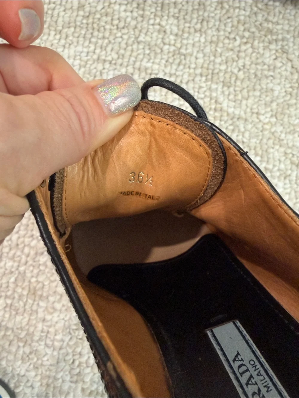 Prada Black Wingtip Lace-Up Brogues with Tan and Blue platform Sole